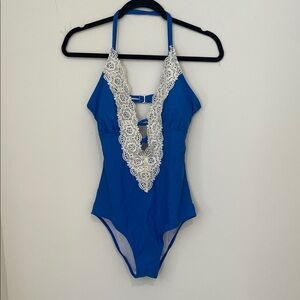 Chic Blue and White Lace Halter One Piece Swimsuit